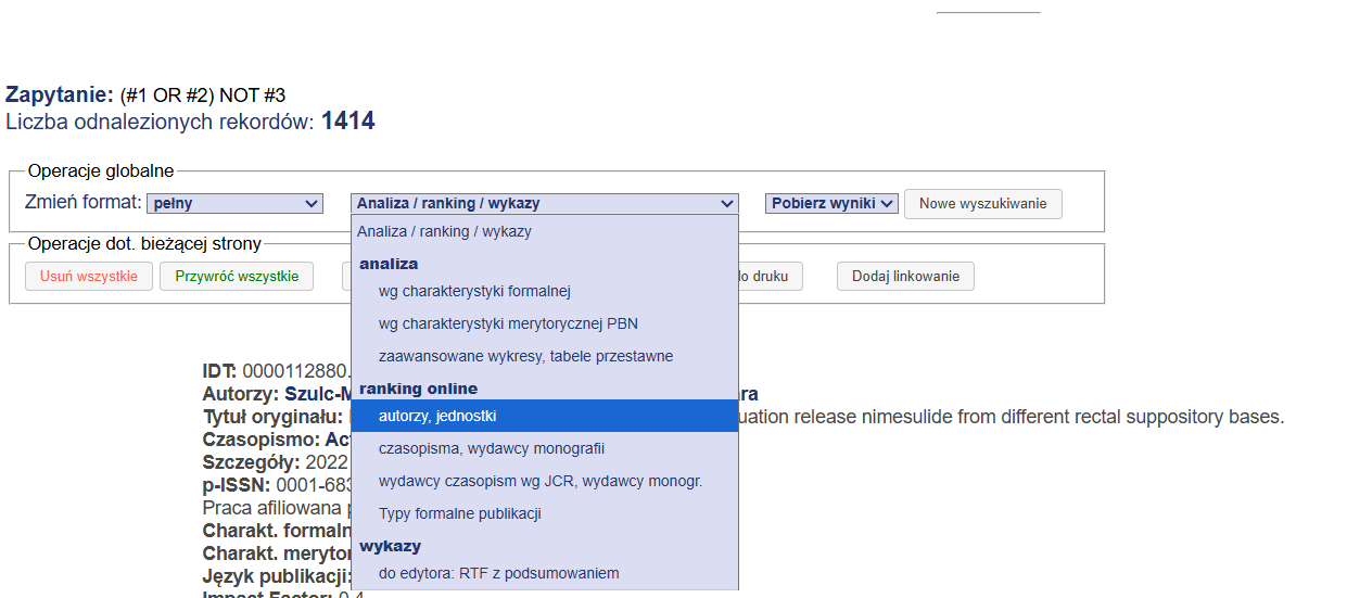 wyświetlanie wyników wyszukiwania uzyskanego w module historii